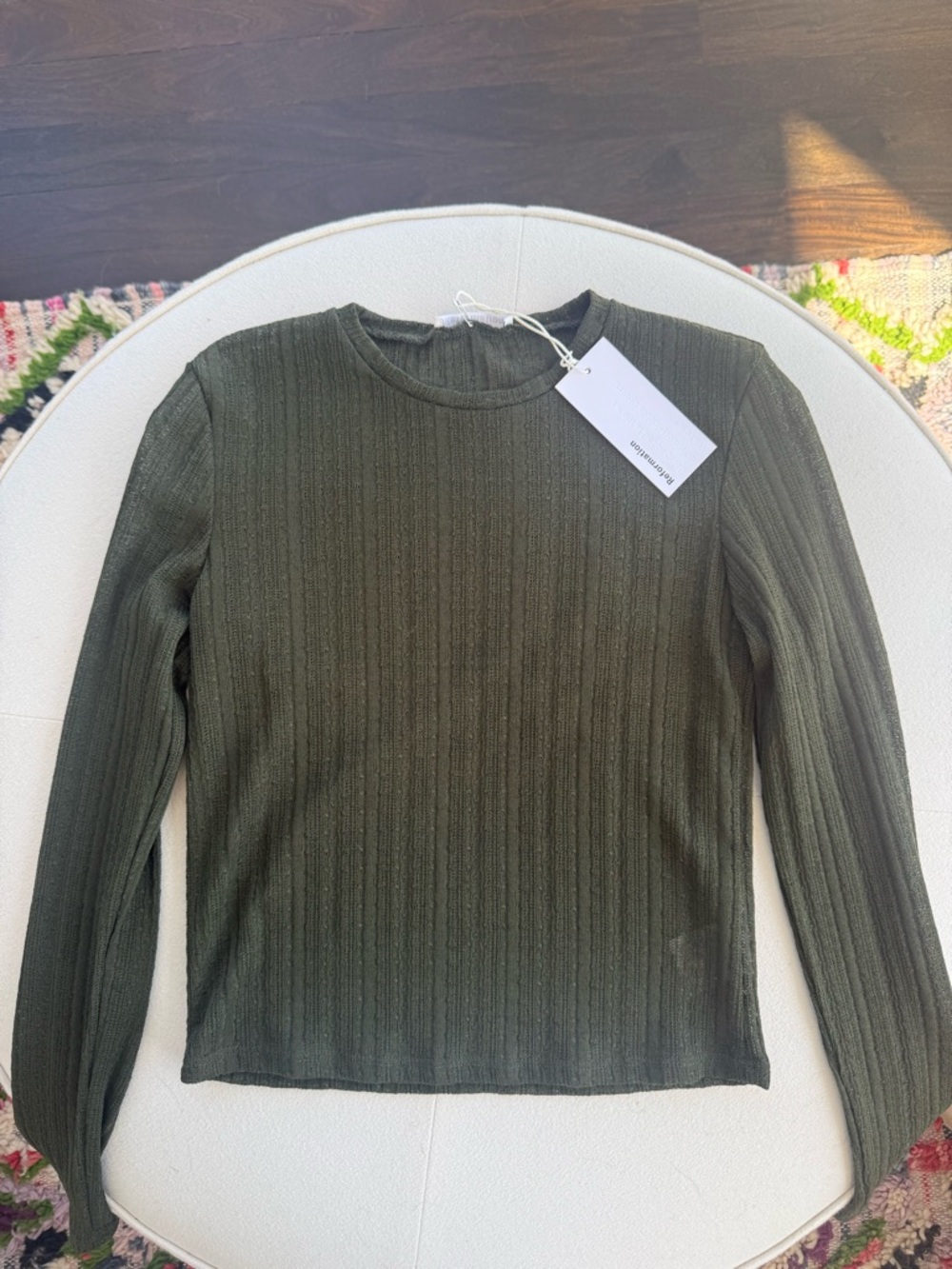 Reformation Olive Sheer Long-Sleeve Crewneck Top